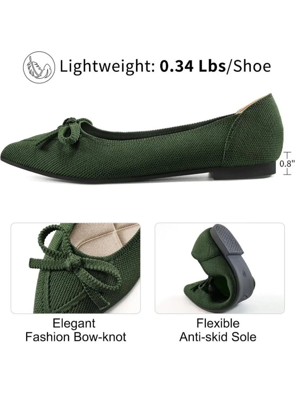 Women's Green Ballet Flats Shoes Dressy Pointed Toe Bow Knit Flats Comfortable